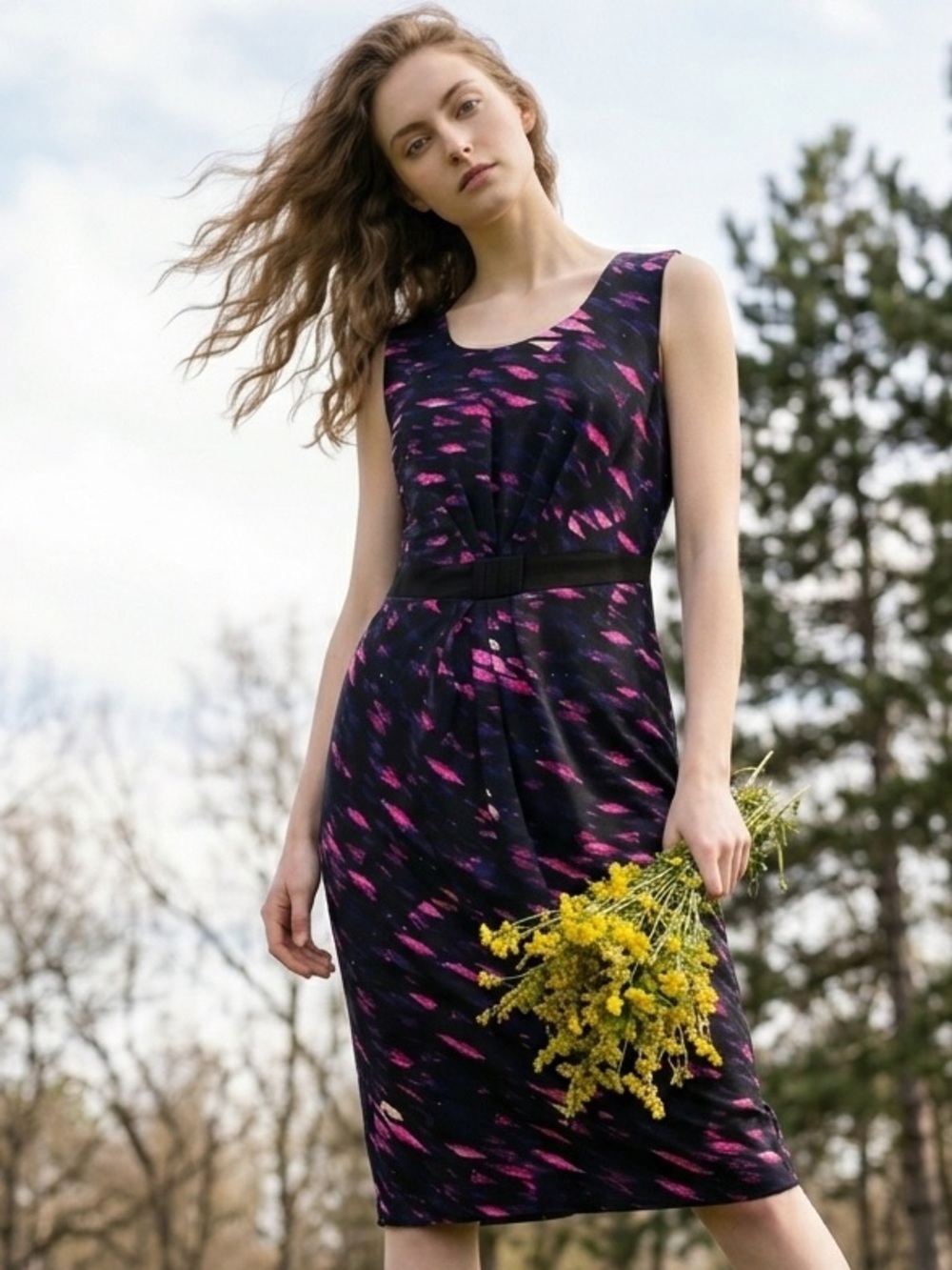 NWT Sleeveless Midi Dress in Purple and Pink Abstract Print